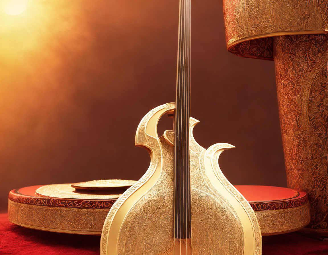 Intricately designed oud instrument on red background