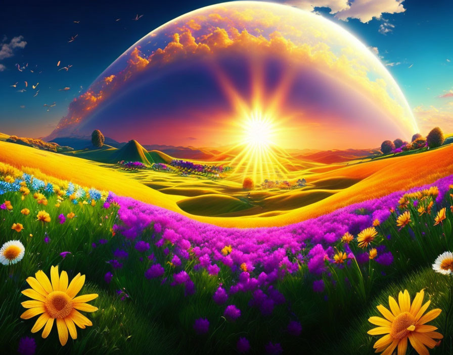 Colorful landscape with rolling hills, flowers, birds, and surreal sunset