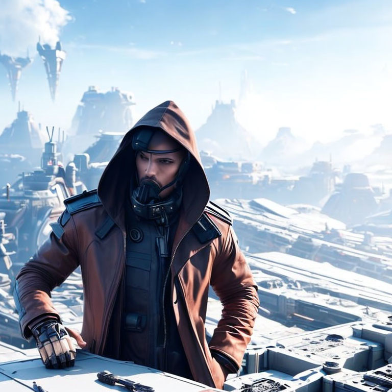 Futuristic figure in hooded jacket with sci-fi cityscape and flying vehicles.