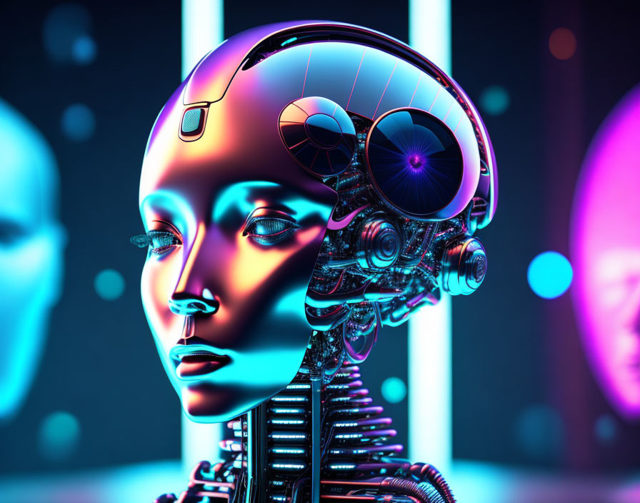 Futuristic humanoid robot with intricate details on vibrant background