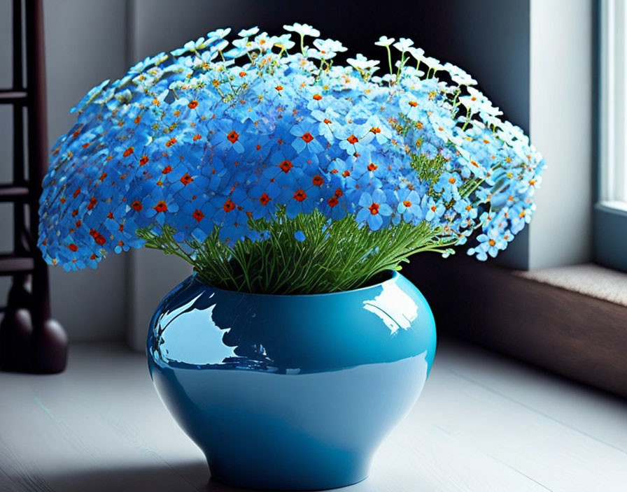 Blue and red flower bouquet in glossy vase on dark wood surface