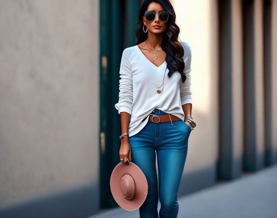 Stylish woman in blue jeans and sunglasses with round hat walking on street