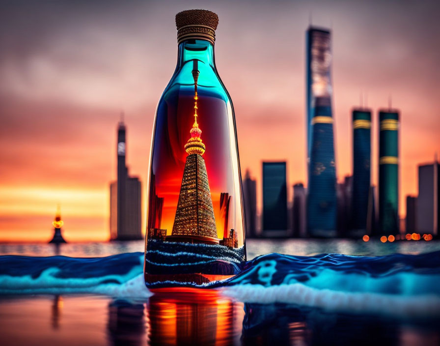 Cityscape refracted in bottle against sunset city skyline and waves