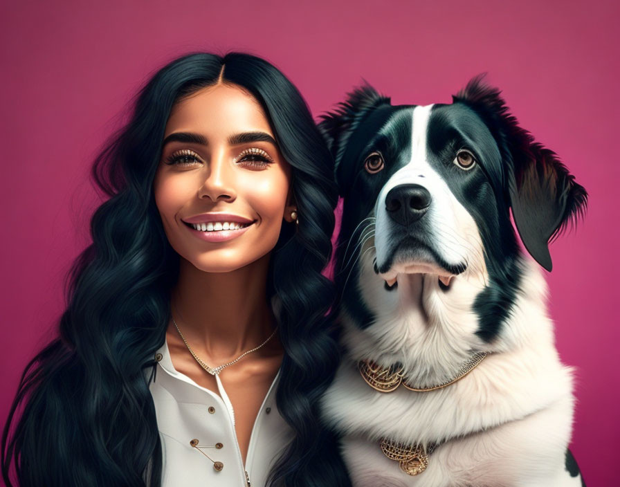 Smiling woman with wavy hair and dog on pink background