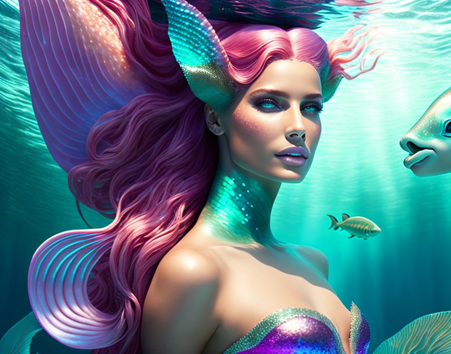 Pink-haired mermaid with shimmering scales swims with fish and another mermaid in underwater scene