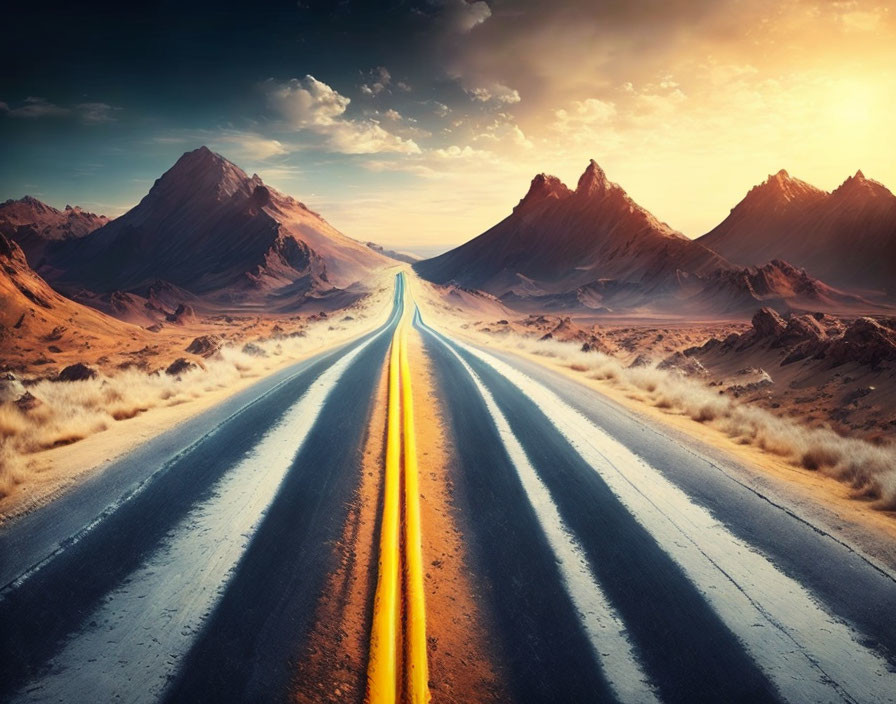 Straight Road Through Barren Landscape with Mountain Peaks