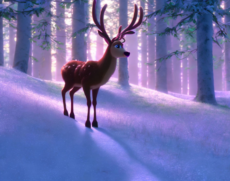 Majestic deer with large antlers in snowy forest at dawn or twilight