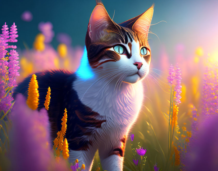 Brown and White Cat Surrounded by Purple and Orange Flowers on Blue Background