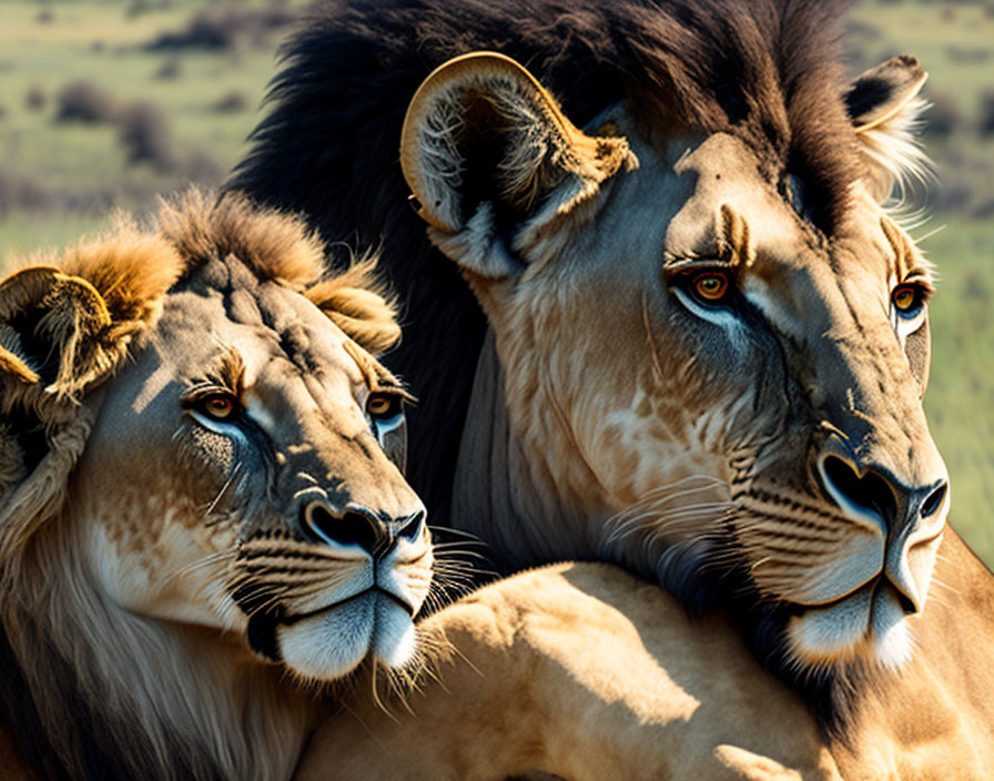 Majestic lions with golden manes gazing into the distance