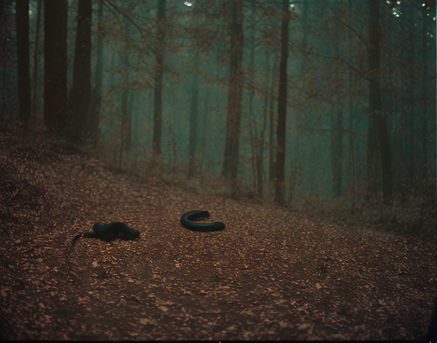 Enigmatic forest path with fallen leaves and abandoned shoes