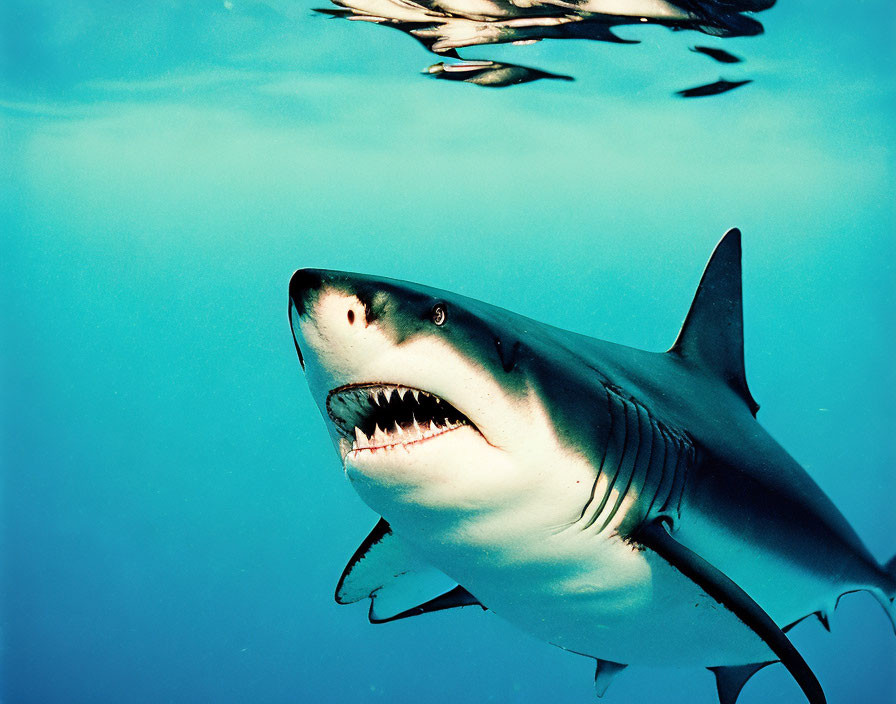 Underwater close-up of shark with open mouth and sharp teeth.