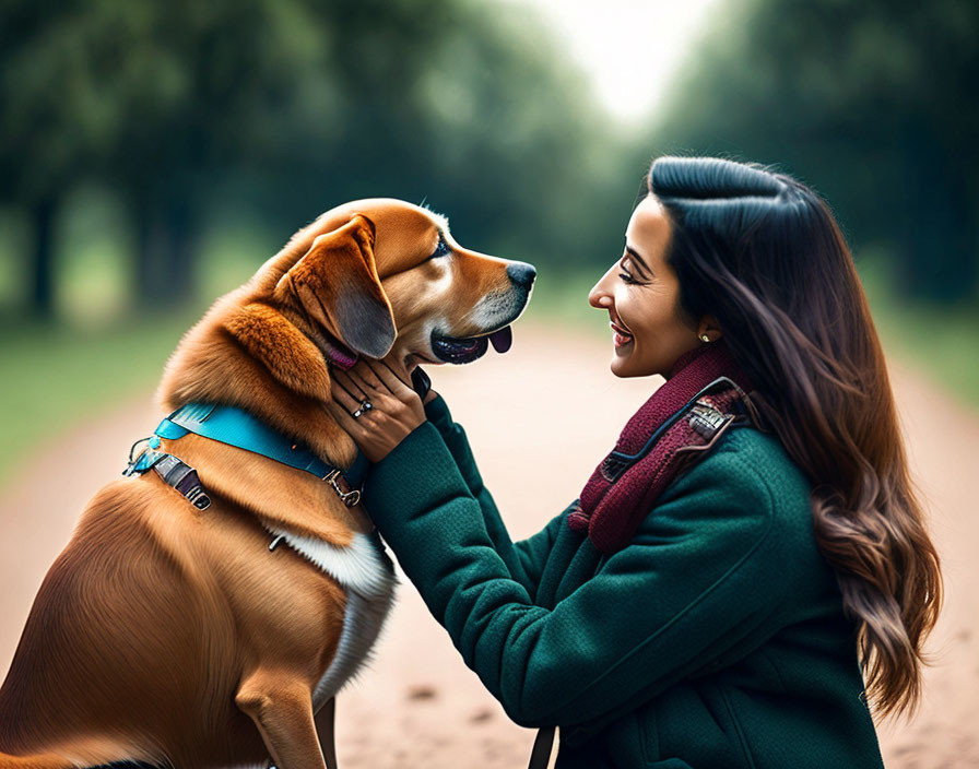 Woman in Green Coat Petting Brown and White Dog on Tree-Lined Path