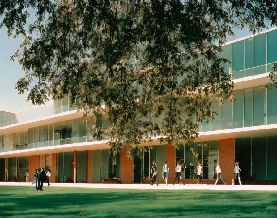 Group of people walking by modern glass building on sunny day