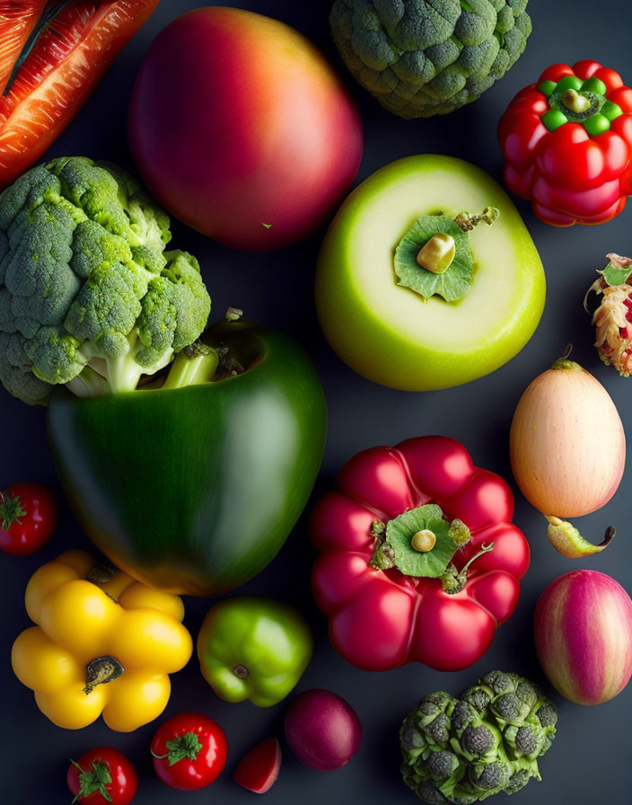 Assorted Fresh Fruits and Vegetables on Dark Background