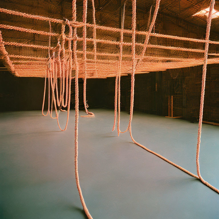 High-ceiling room displays art installation with thick hanging ropes