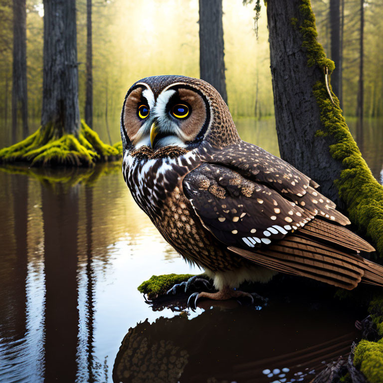 Twilight owl perched on branch above misty forest pond