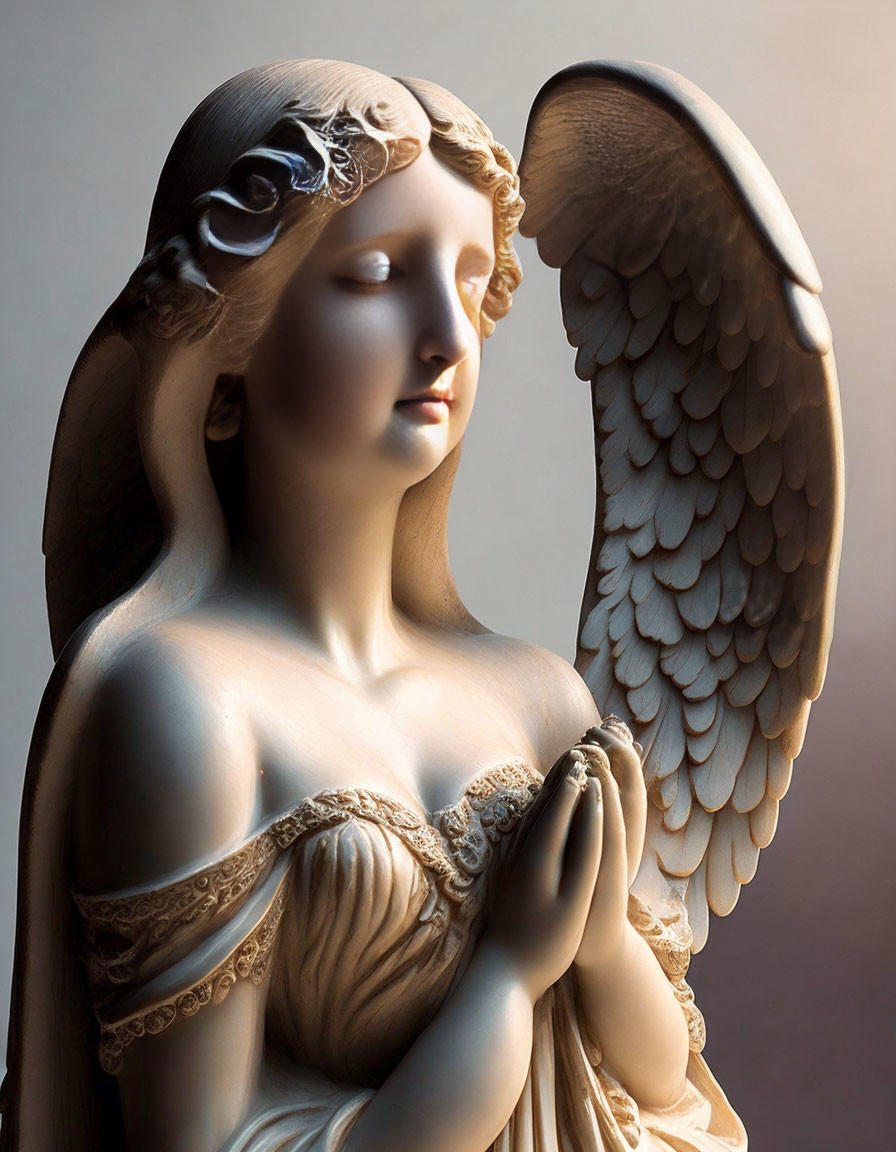 Detailed marble angel sculpture with intricate wings and serene expression