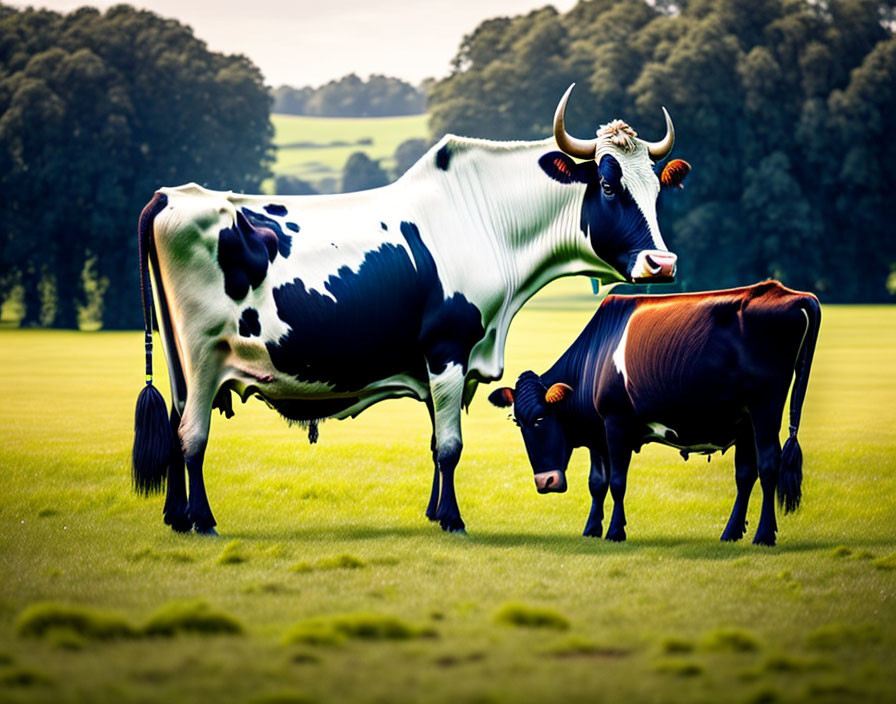 Black and white cow and brown and white cow in green pasture with trees