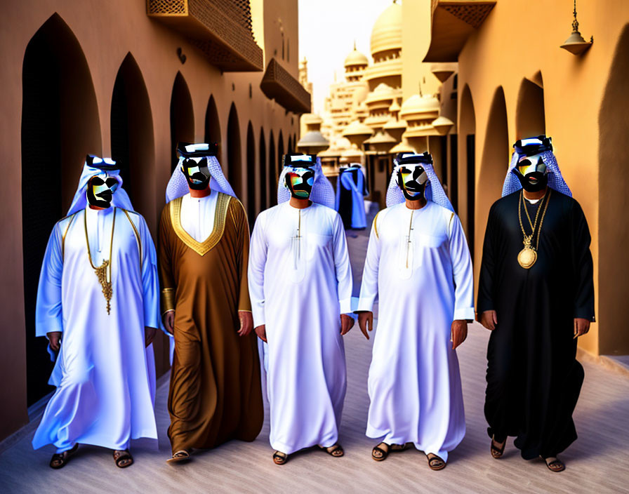 Five people in Arab attire wearing VR headsets in Middle Eastern alley