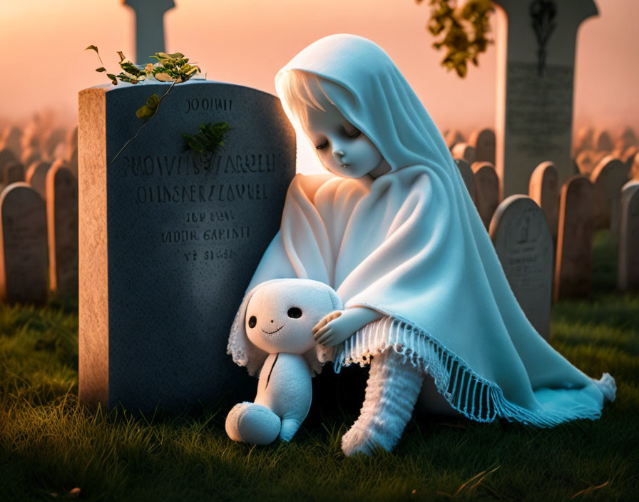 Illustration of child with plush rabbit by gravestone at twilight.