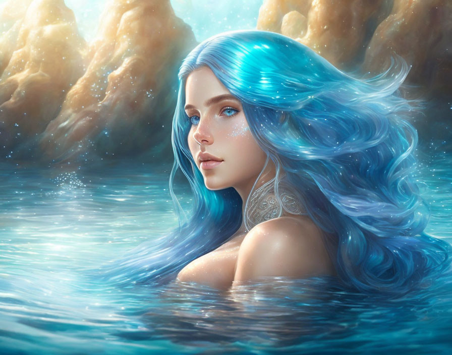 Woman with flowing blue hair emerges from water with rocks and ethereal light.