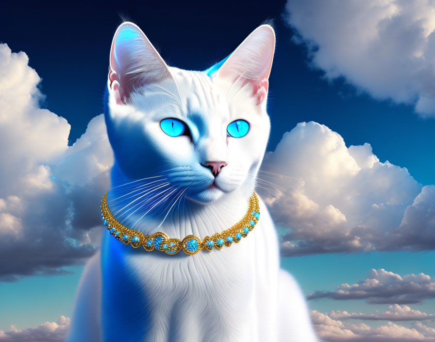 White Cat with Blue Eyes and Golden Necklace in Cloudy Sky