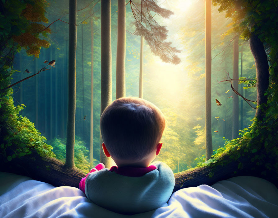 Child gazing at vibrant forest with butterflies