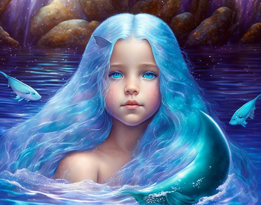 Young girl with luminescent blue hair and eyes in water with fish - Fantasy Artwork