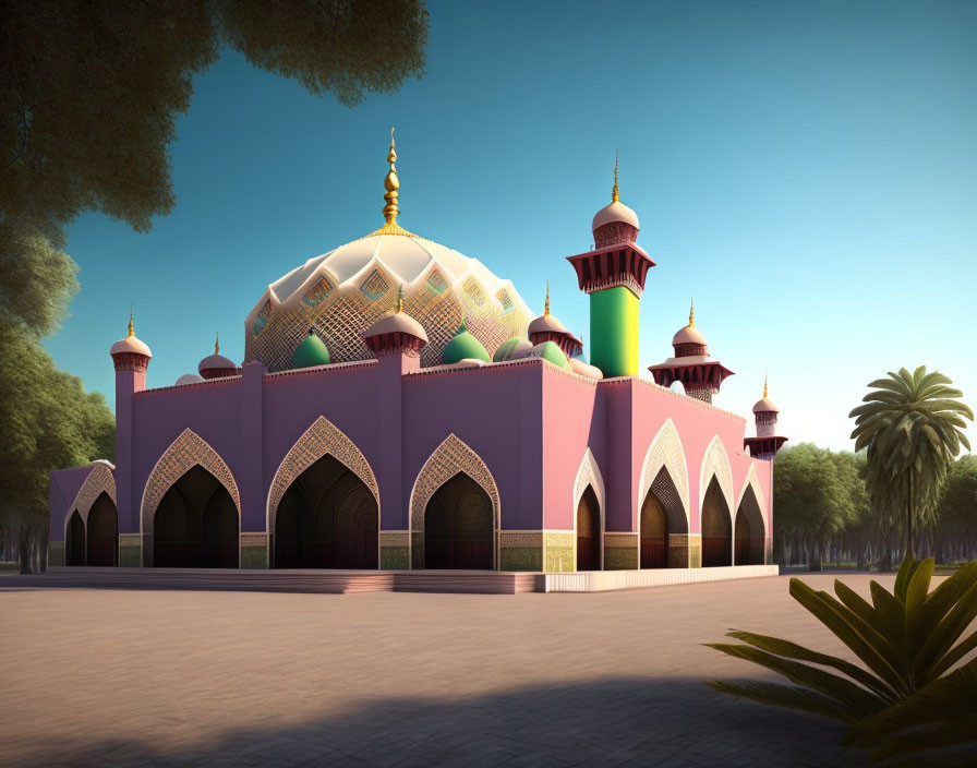 Colorful Mosque with Domes and Minarets Surrounded by Trees