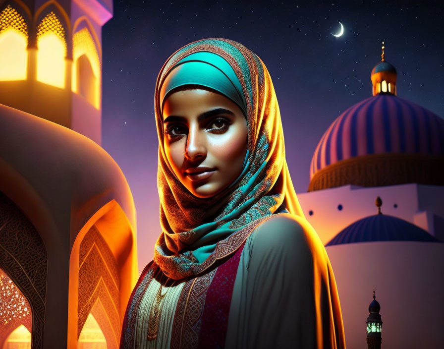 Serene woman in hijab against night backdrop