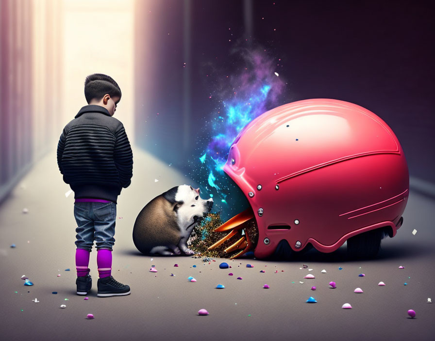 Boy standing in hallway with cosmic helmet and pencils, dog beside him