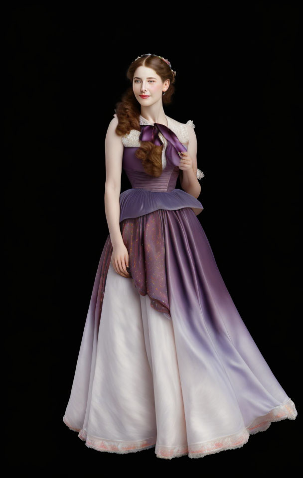 Elegant Purple and White Evening Gown with Sheer Overlay and Bow Detail