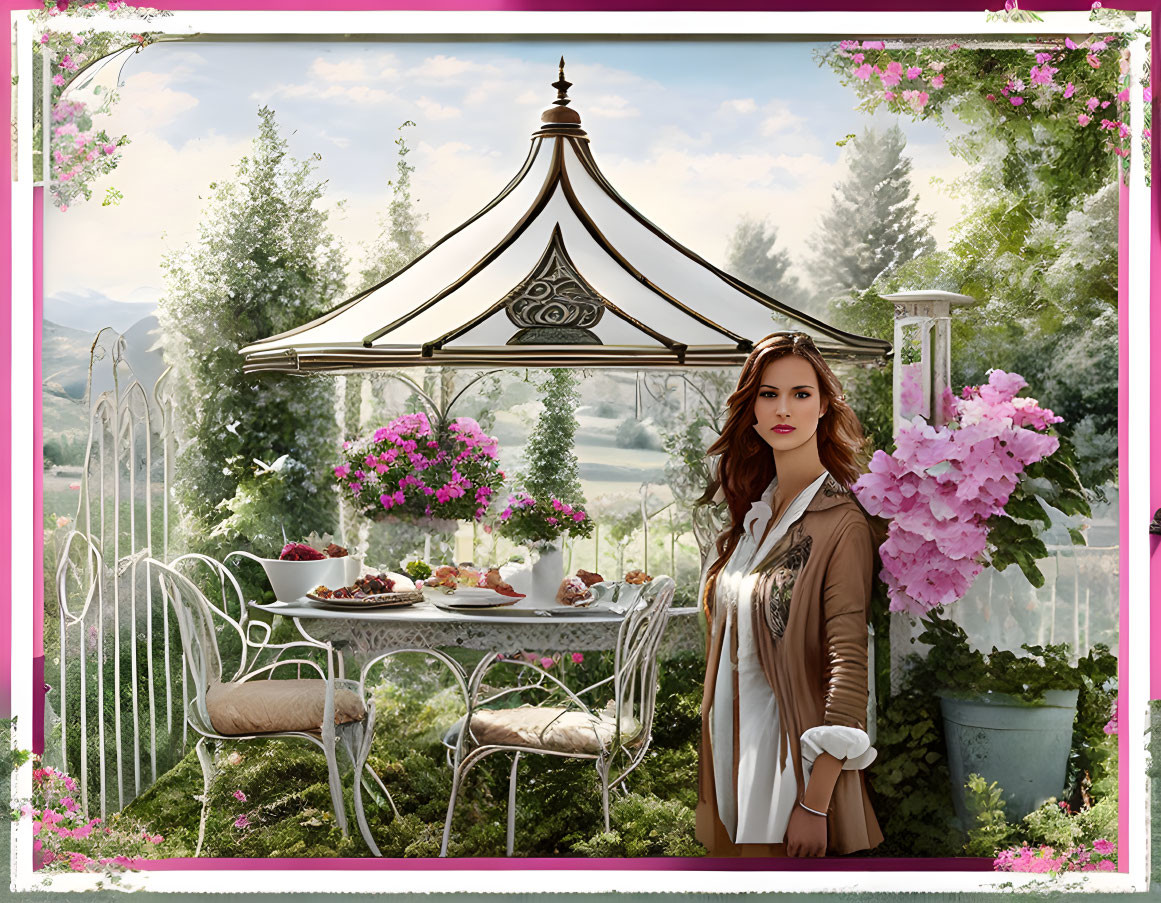 Woman enjoying tea in garden gazebo with mountain view