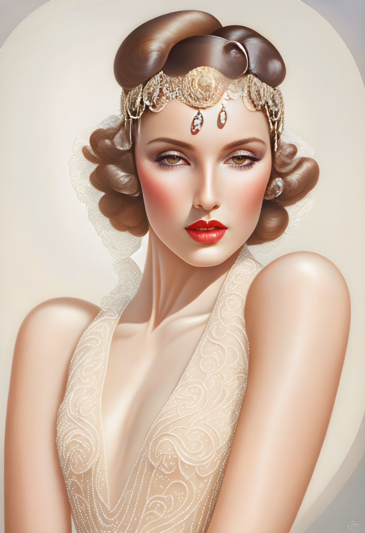 Illustration: Elegant woman with vintage wavy hair, beaded headpiece, and jeweled forehead