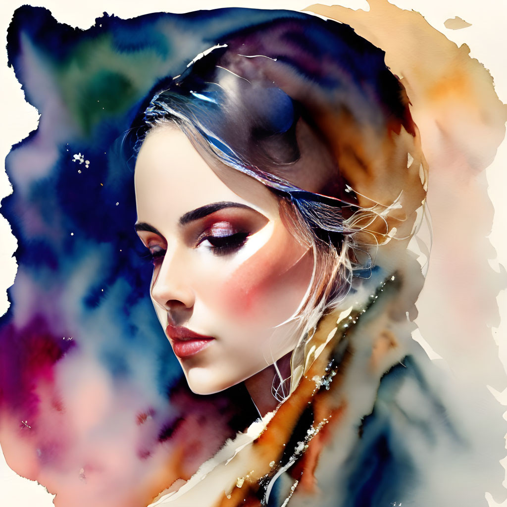 Colorful Watercolor Painting of Woman with Dramatic Makeup