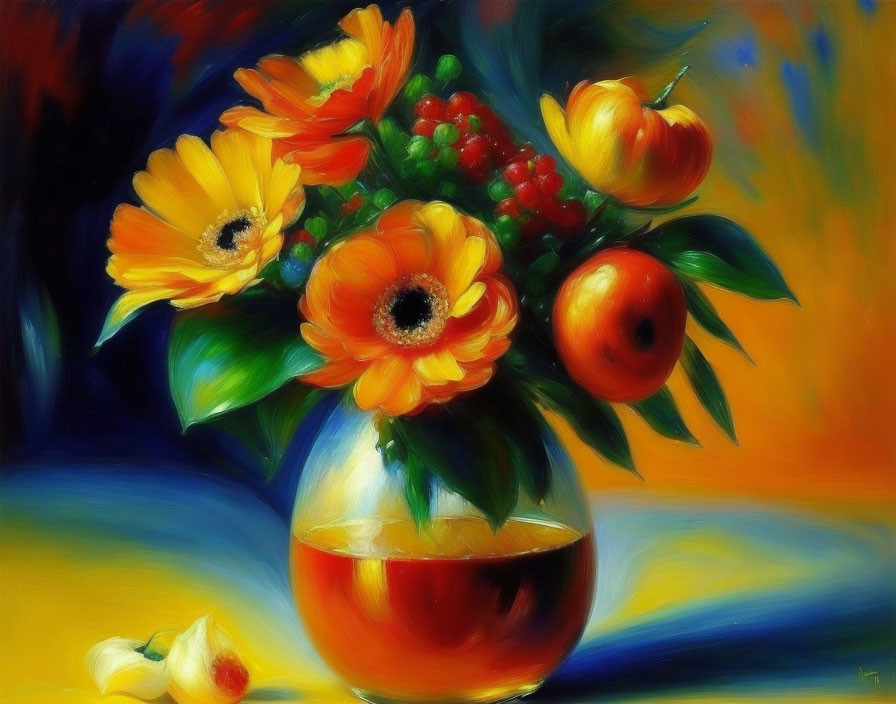 Colorful Still Life Painting with Orange Flowers, Fruits, and Berries