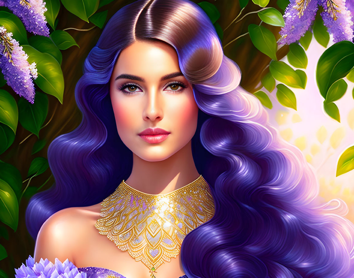 Woman with Long Wavy Purple Hair and Golden Necklace in Nature Scene