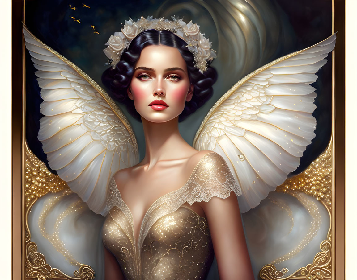 Golden dress angelic figure with white wings and ornate details