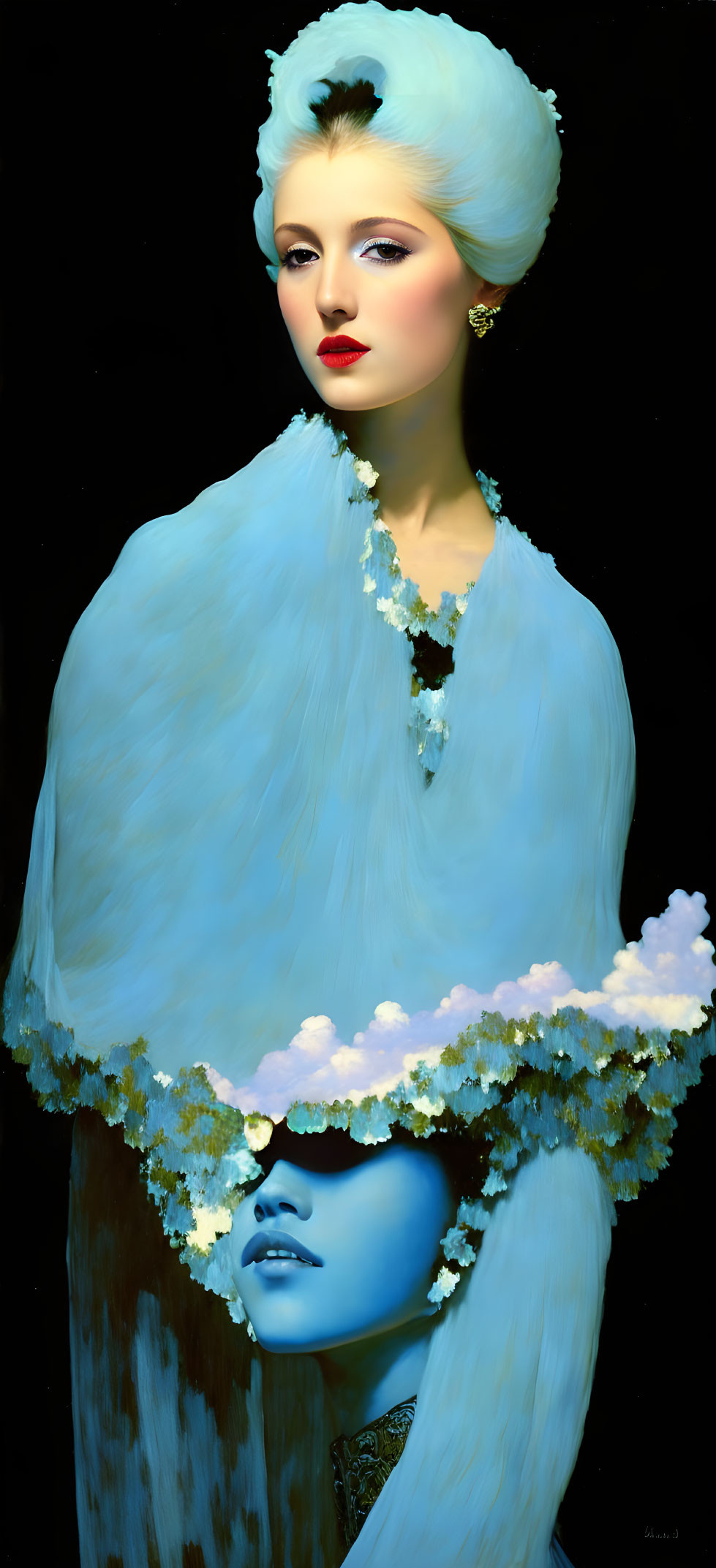 Surreal illustration of woman with icy blue aura and cloud-like accents