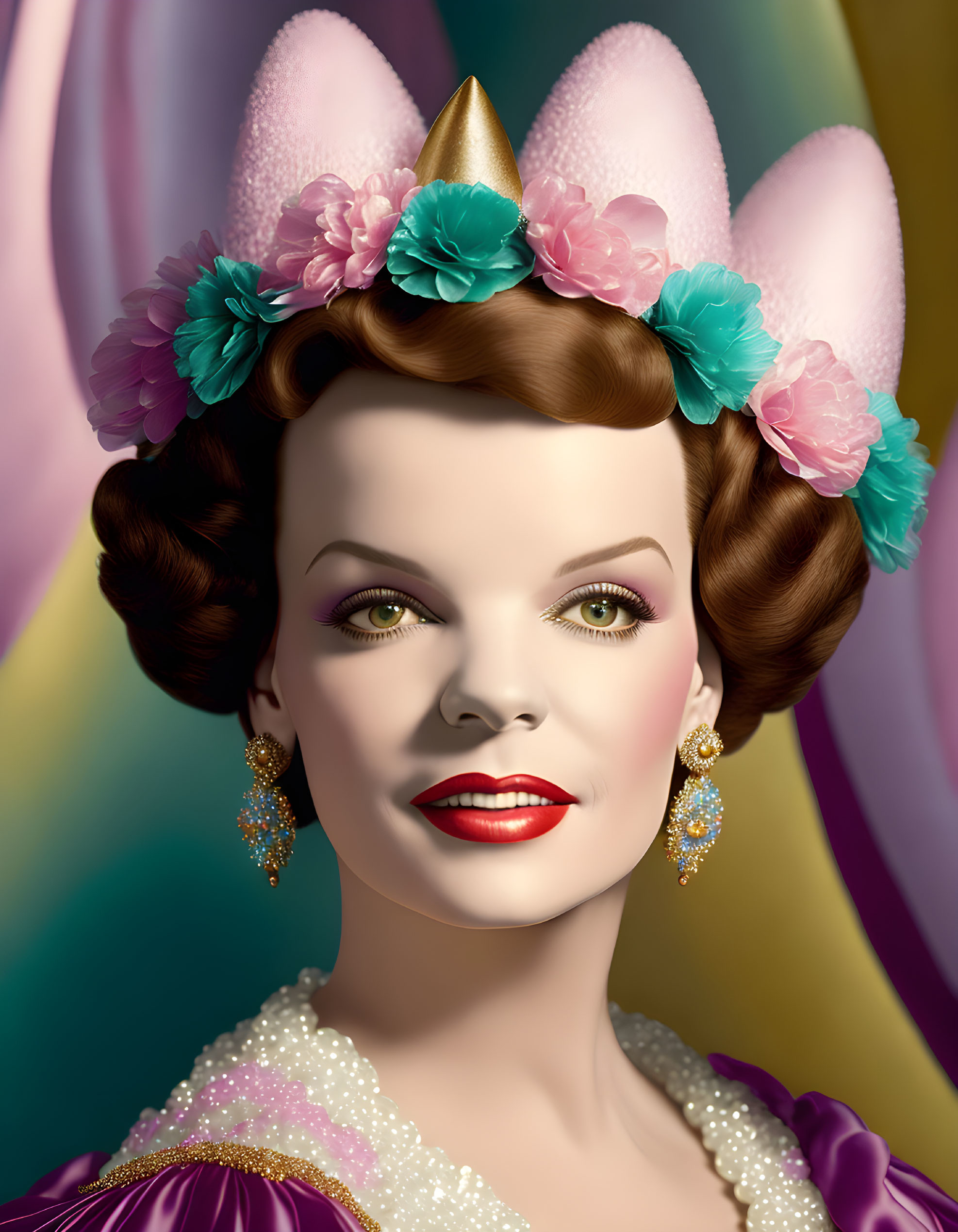 Vintage-style woman with floral hair and elegant attire on colorful backdrop