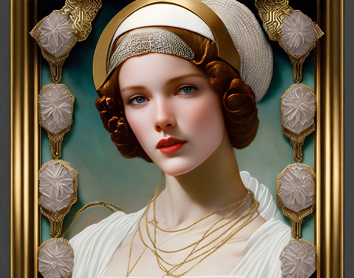 Classic Style Portrait of Young Woman with Pearl Headband and Golden Necklaces