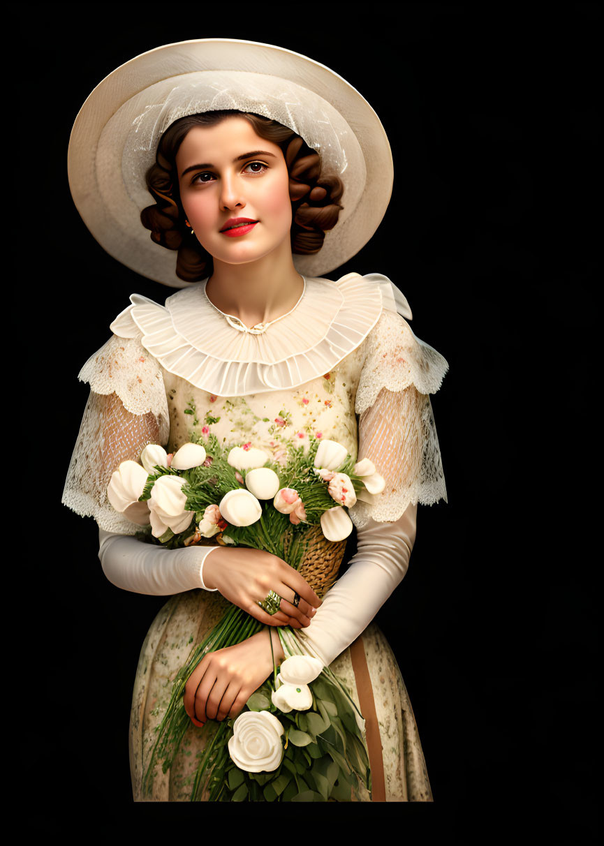 Vintage Attire Woman Holding White Roses Bouquet