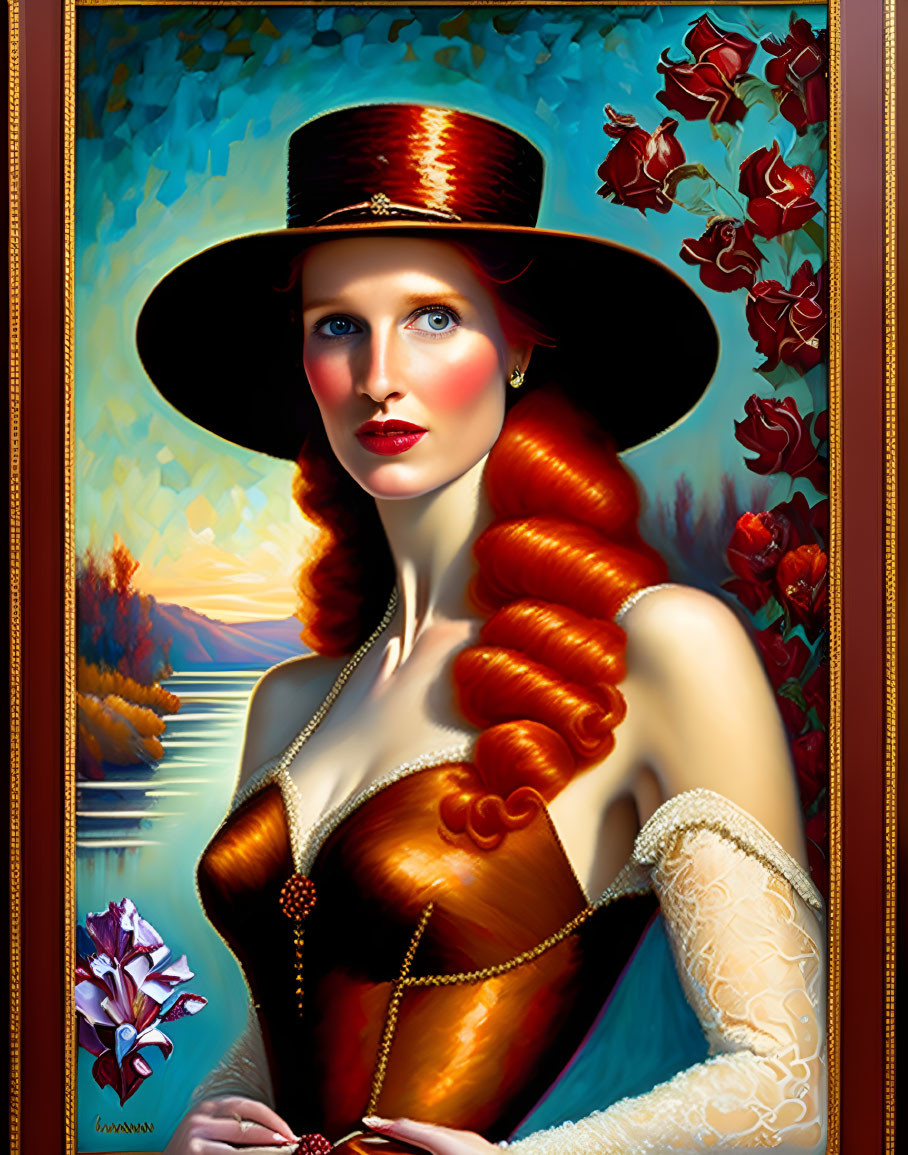 Stylized portrait of woman in wide-brimmed hat and elegant attire with roses and lake backdrop