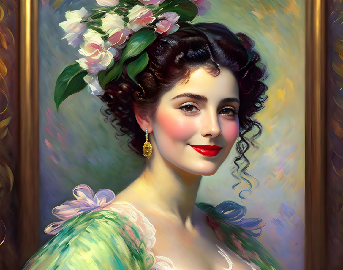 Smiling woman with curly hair in green dress and earring