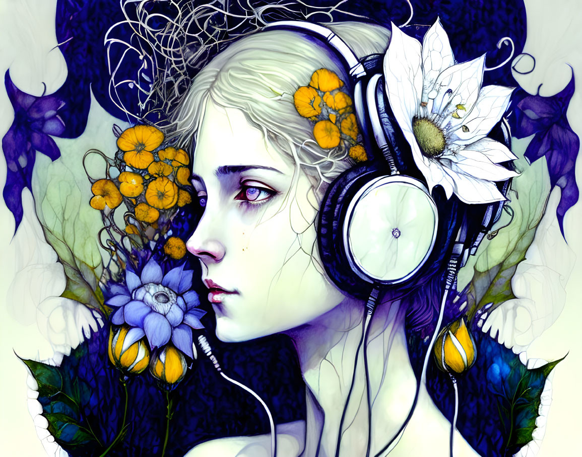 Colorful portrait of a woman with headphones and flowers in whimsical style