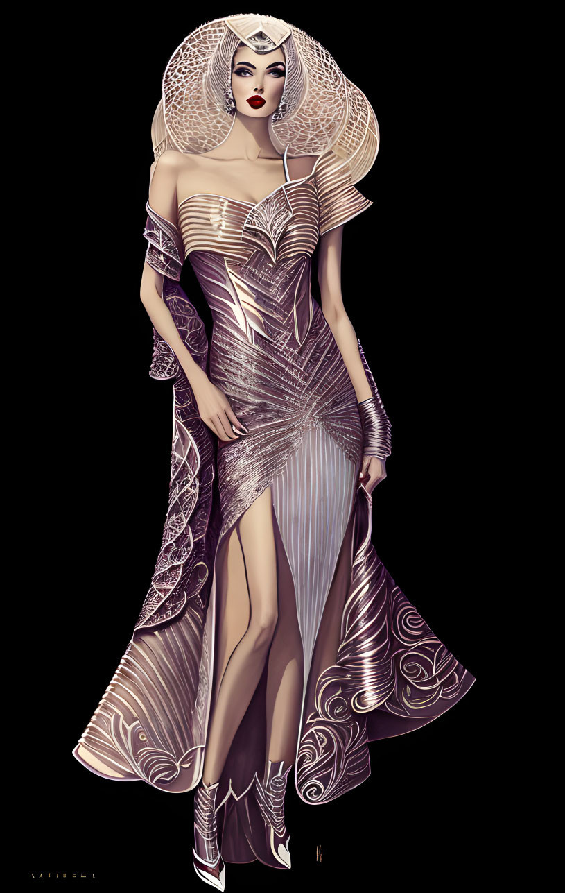 Illustrated futuristic figure in metallic gown with geometric patterns