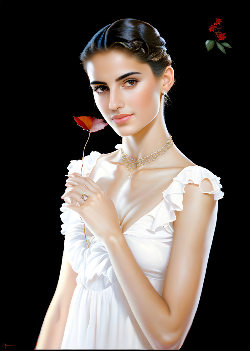 Portrait of Woman with Dark Hair in White Top Holding Red Leaf