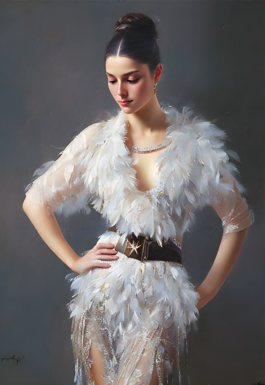 Woman in White Feathered Outfit with Belt Gazing Down