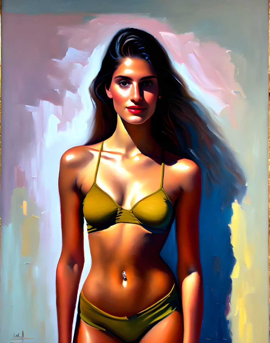 Woman in Yellow Bikini with Colorful Abstract Background