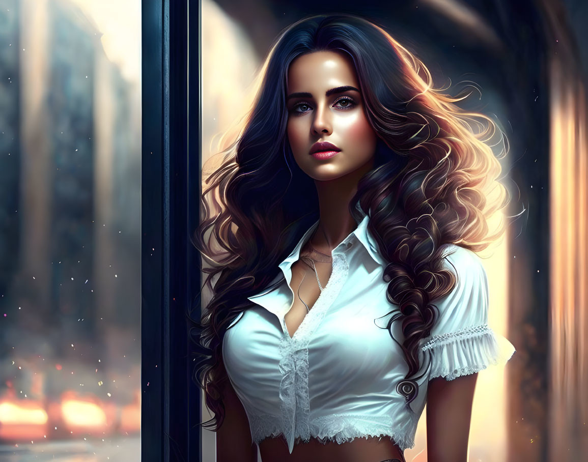 Digital Artwork: Woman with Curly Hair in White Blouse by Window